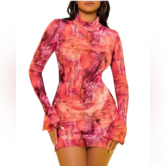 Boutique Dresses & Skirts - 🧡🩷 SEXY PINK ORANGE Abstract Long-sleeve Sheer Mini Dress LARGE BNWOT